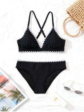 Younique Black and White Zigzag Trim Bikini Set